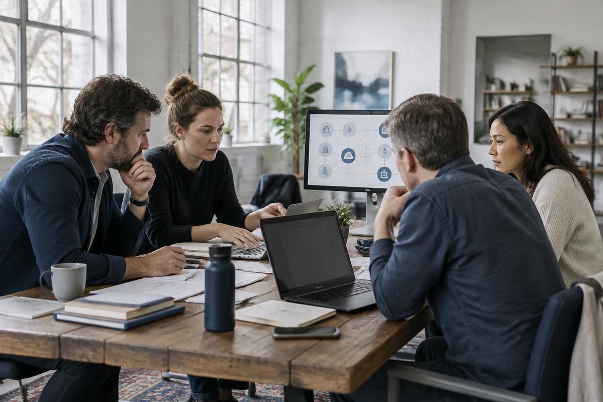 Technology and business colleagues working together on a connected digital transformation plan