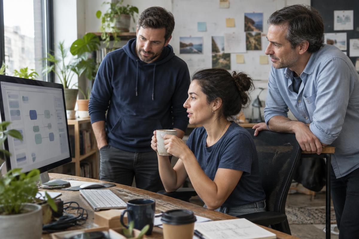 Younger and experienced colleagues reviewing technology automation workflows