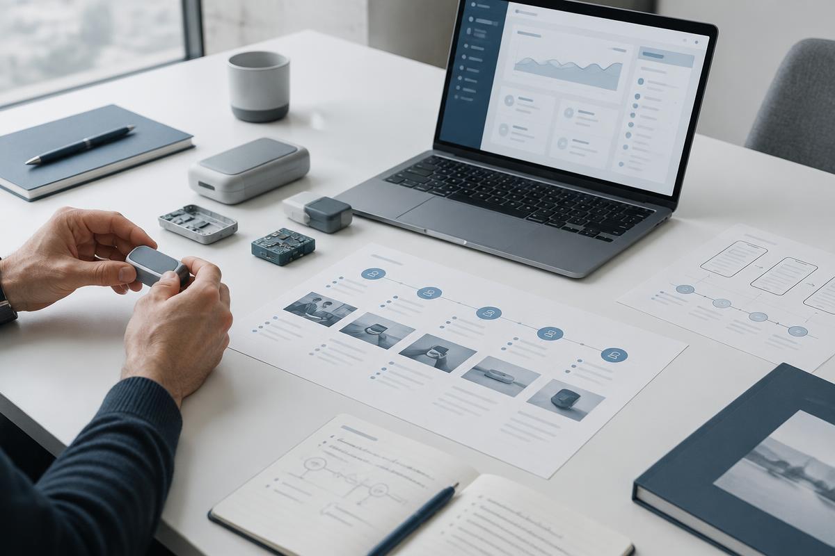 Software product, customer journey and commercialisation work arranged on a desk