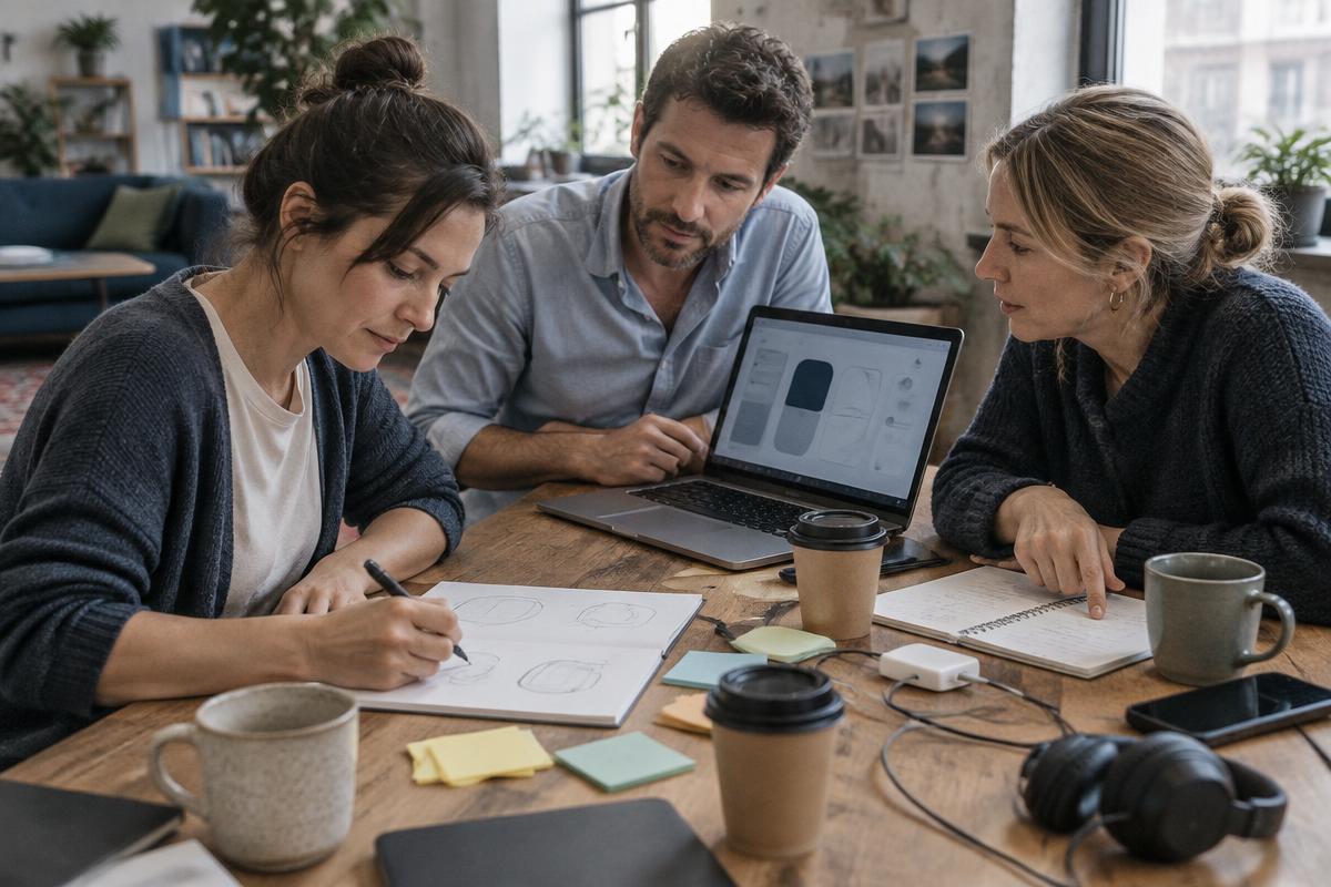 Younger founder working with experienced commercial leaders on business priorities