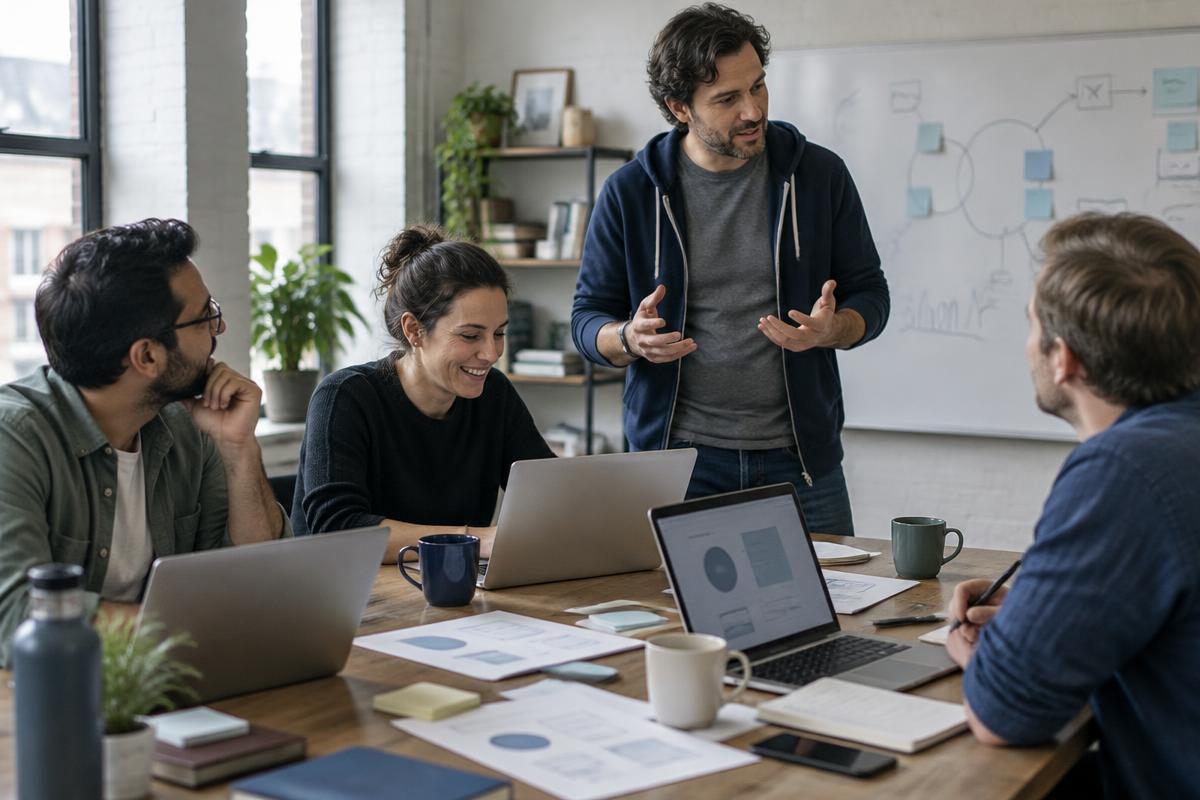 Mixed-age technology team working through an important customer opportunity
